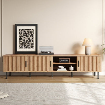 78.7 inch Natural Wood Vertical Groove TV Stand Heavy Iron Leg Entertainment Center For 85 inch TV