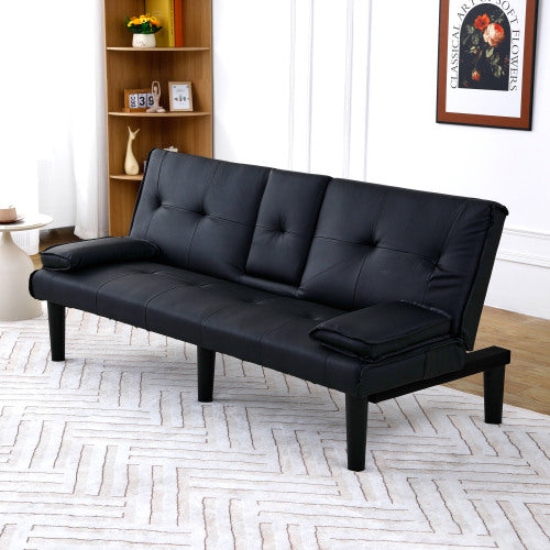 67-Inch Black PVC Multi-Functional Foldable Sofa Bed with Built-In Cup Holder