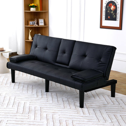 67-Inch Black PVC Multi-Functional Foldable Sofa Bed with Built-In Cup Holder