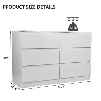6 Drawer White Dresser, Modern Dresser for Bedroom with Spacious Countertop, Wood Storage Cabinet with Concealed Handles & 6 Deep Drawers for Bedroom, Living Room, Entryway, 15.7" D x 47.2" W x 30.9"