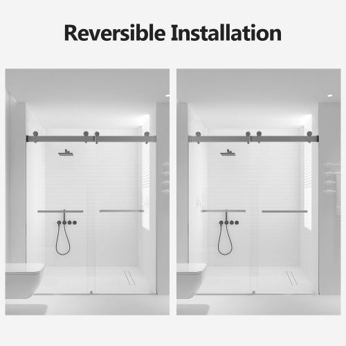 56-60 inches W *76 inches H Frameless Double Sliding Soft-Close Shower Door in Brushed Nickel,3/8 inches (10mm) Thick SGCC Tempered Glass Door