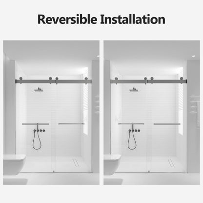 56-60 inches W *76 inches H Frameless Double Sliding Soft-Close Shower Door in Brushed Nickel,3/8 inches (10mm) Thick SGCC Tempered Glass Door