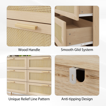 6 Drawers Chest of Dressers for Bedroom, Modern 6 Drawer Dresser, Wide Chest of Drawers with wood Handles, Rattan Dresser Storage Cabinet for Living Room, Bedroom, Hallway