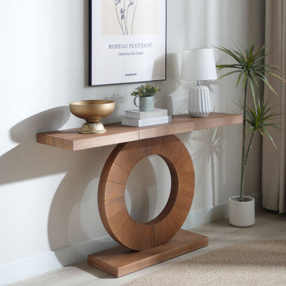 53.2in Modern Minimalist Wooden Console Table Circular Base Wooden Console Table  ¨C Elegant Decorative Accent for Entryway, Living Room, and Hallway