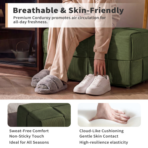 Green Square Corduroy Woven Ottoman, 300 LBS Engineered Wood Frame No-Assembly Vanity Foot Stool