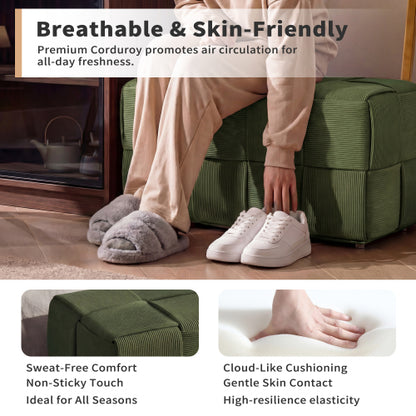 Green Square Corduroy Woven Ottoman, 300 LBS Engineered Wood Frame No-Assembly Vanity Foot Stool