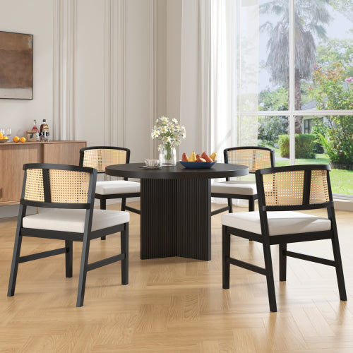 Set of 2 Rattan Dining Chairs with Upholstered Seat, Curved Rattan Back and Rubber Wood Frame, Black