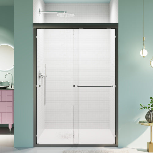 44"-48"W*72" H Semi-Frameless Double Sliding Shower Door, Bypass Shower Door, 1/4" (6mm) Thick SGCC Tempered Glass Door, Matte Black