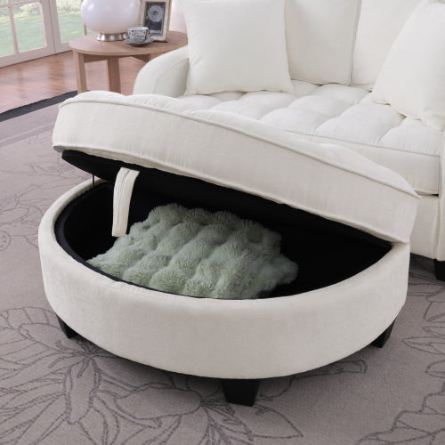 Beige 2-Seater Irregular Curved Sofa Chaise, Storage Footrest, 2 Throw Pillows
