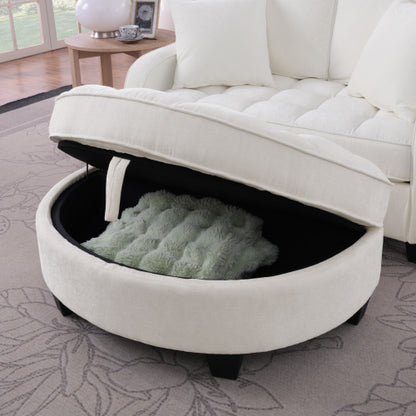 Beige 2-Seater Irregular Curved Sofa Chaise, Storage Footrest, 2 Throw Pillows