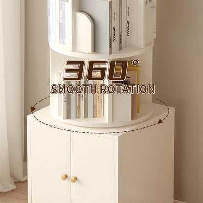 White 5-Tier Rotating Bookshelf with Double Door Drawer, Slim Wooden Corner Storage Cabinet for Home