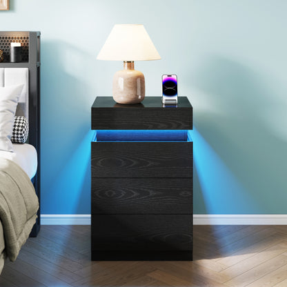 Modern Nightstand with LED Lighting and Charging Station, 3 Drawers