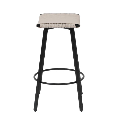 Counter Height Bar Stools Backless Handwoven Kitchen Dining Chairs with Round Footrest Set of 2 PVC Weaving Pub Stool for Indoor & Outdoor (Black & Creamy White)