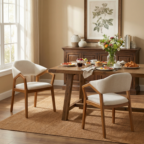 Set of 2 Beige Chenille Arm Dining Chairs, Teak Bent Wood Frame 300lbs Weight Capacity