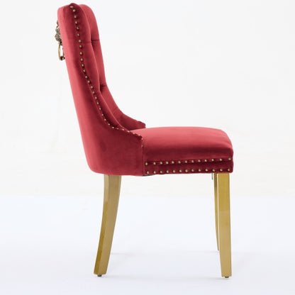 Mid-Century Modern Velvet Dining Chairs Set of 2 with Lion Head Pull Ring, Tufted Upholstered Chair, Wine Red