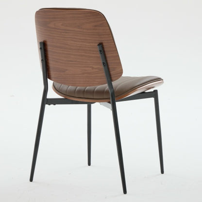 Set of 2 Mid Century Modern Faux Leather Dining Chairs with Walnut Bentwood Back and Metal Legs, Brown PU
