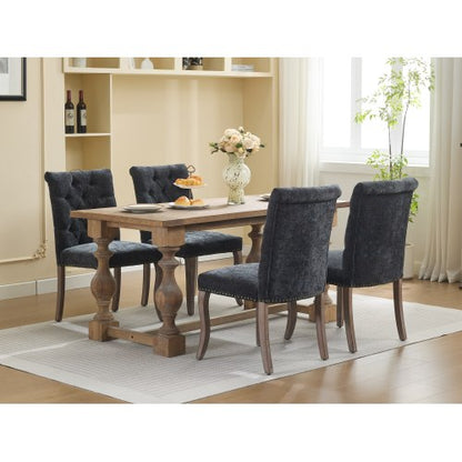 Upholstered Chenille Dining Chair Set of 2, Tufted Accent Chair with Curved Solid Wood Legs, Black