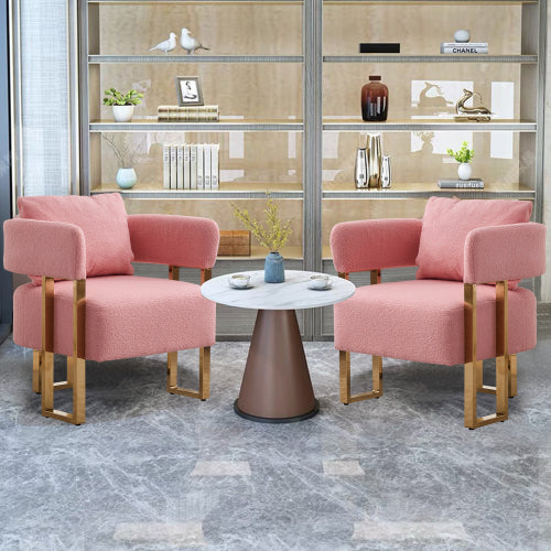2-PCS Pink Teddy Fleece Accent Side Chair with Polished Gold Metal Square Legs