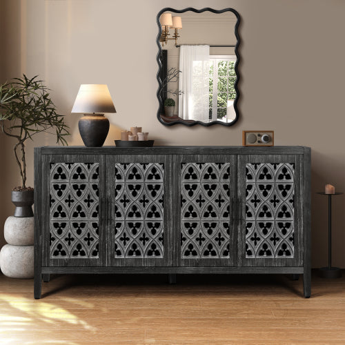 Antique Black Hollow Floral Four-Door Cabinet American Country Style Adjustable Layer Wooden Living Room TV Storage Cabinet