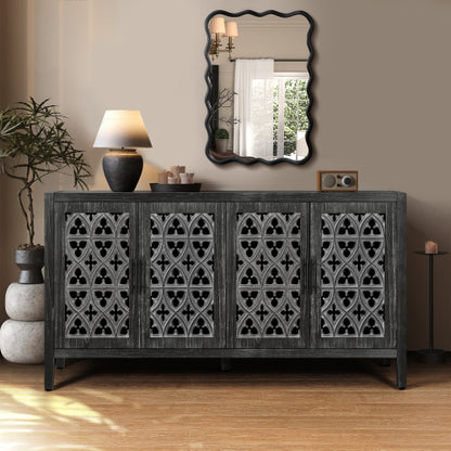 Antique Black Hollow Floral Four-Door Cabinet American Country Style Adjustable Layer Wooden Living Room TV Storage Cabinet