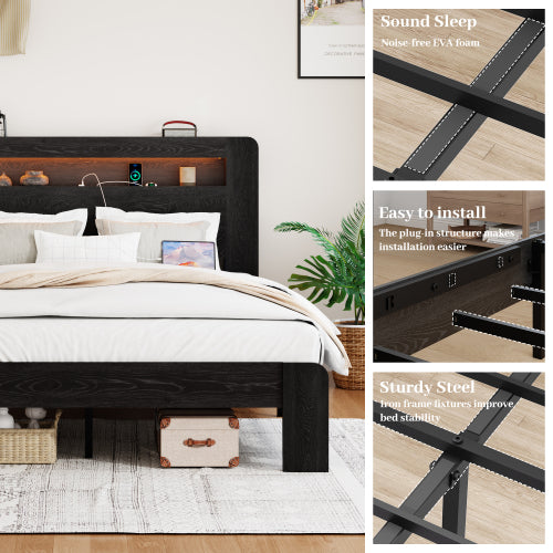 Bed Frame Full Size, Wood Platform Bed Frame with Storage LED Light Headboard and 2 USB , Noise Free,No Box Spring Needed and Easy Assembly Tool,Large Under Bed Storage,Dark Black