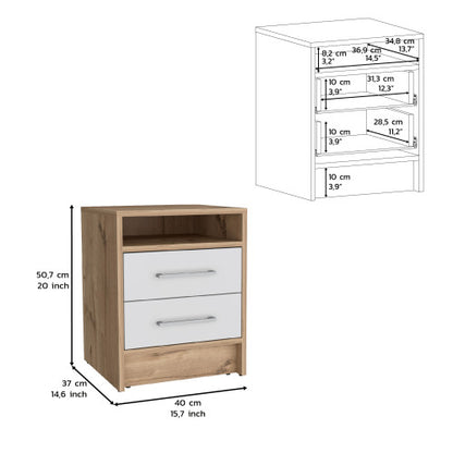 White & Light Oak 2-Drawer Nightstand with Open Shelf
