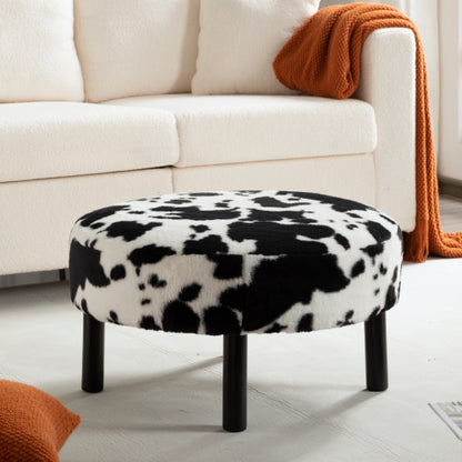 27.56 inch Round Faux Rabbit Fur Ottoman, Solid Wood Leg Upholstered Footrest Extra Guest Seat