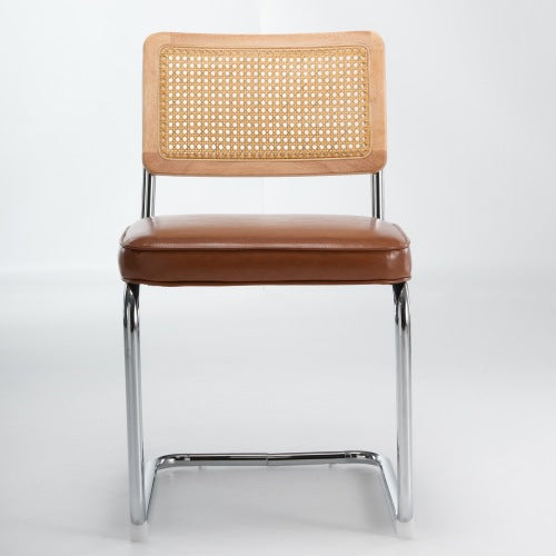 Set of 2 Mid-Century Cane Rattan Dining Chairs, Solid Wood Frame, Olive Faux Leather Seat, Cantilever Chrome Metal Base