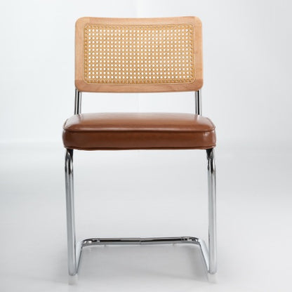 Set of 2 Mid-Century Cane Rattan Dining Chairs, Solid Wood Frame, Olive Faux Leather Seat, Cantilever Chrome Metal Base