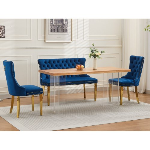 Velvet Double Dining Loveseat Bench, Kitchen & Dining Seating, 2-Seat Tufted Bench w/Handmade Buttons, Wing Back, Gold-Plated Steel Legs, Mid Century Modern,Single Pack,Blue