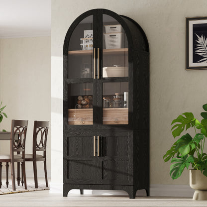 71inch  Arched Farmhouse Pantry Cabinet with Glass Doors Black