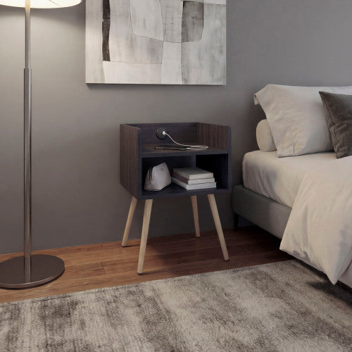 Modern Nightstand with USB Charger & 2-Tier Shelves