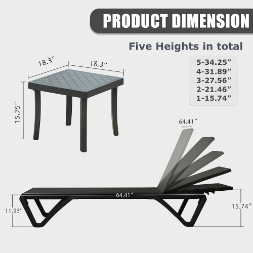 Pool Lounge Chairs Set of 2 with Side Table, Aluminum Adjustable Outdoor Chaise Lounge with Wheels, All Weather Poolside Chairs for Deck Lawn Patio Backyard, Textilene- Dark Gray