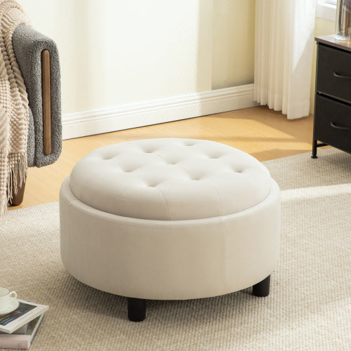29.33 inch Beige Fleece Round Storage Ottoman, Hand Buckle Decor Reversible Lid Footstool, 300 LBS