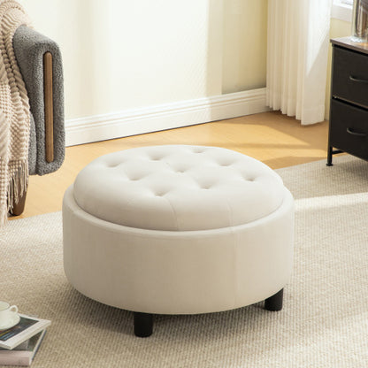29.33 inch Beige Fleece Round Storage Ottoman, Hand Buckle Decor Reversible Lid Footstool, 300 LBS