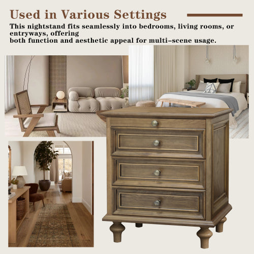 Farmhouse Nightstands with 4 Drawer,Wood Storage End Table with Hidden Pull-Out Shelf, Large Side Table with 4 Solid Wood Feet and Metal Handle,Easy Assembly,Light Brown