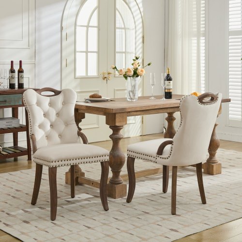 Set of 2 Beige Hand Tufted Velvet Dining Chairs, Solid Wood Handles Vintage Copper Nail Curved Wood Legs