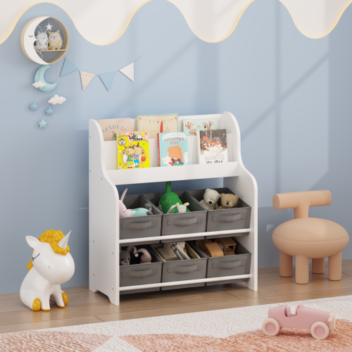 Kids Bookshelf With 6 Fabric Bins Front Display Toy Book Storage Cabinet