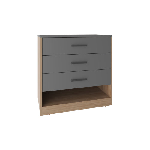 27" High Three Drawer Dresser And Open Shelf, Bedroom, Entryway, Side Board, Matte Gray - Natural Oak