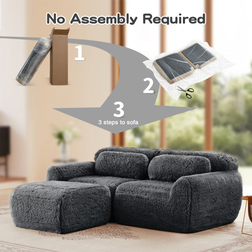 Dark-Grey L-Shaped Boneless Plush-Fabric Modular Sofa with Chaise & Throw Pillows No-Assembly