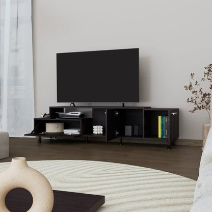 69.3 Inch Wengue Finish Entertainment Center with Open Shelves & Dual Side Storage Cabinets