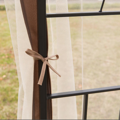 10' x 10' Metal Patio Gazebo, Double Roof Outdoor Gazebo Canopy Shelter with Tree Motifs Corner Frame and Netting, for Garden, Lawn, Backyard, and Deck, Brown