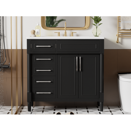 36'' Bathroom Vanity with Top Resin Sink, Freestanding Bathroom Storage Cabinet with 2 Drawers and a Tip-out Drawer, Solid Wood Frame Vanity Set, Height Adjustable Shelf