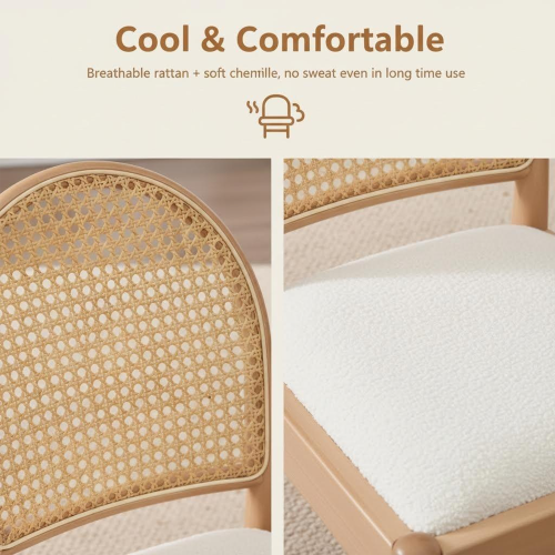 Set of 2 Beige Rattan Back Linen Dining Chairs, Solid Wood Leg Teddy Cushion 275lbs Capacity
