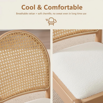 Set of 2 Beige Rattan Back Linen Dining Chairs, Solid Wood Leg Teddy Cushion 275lbs Capacity