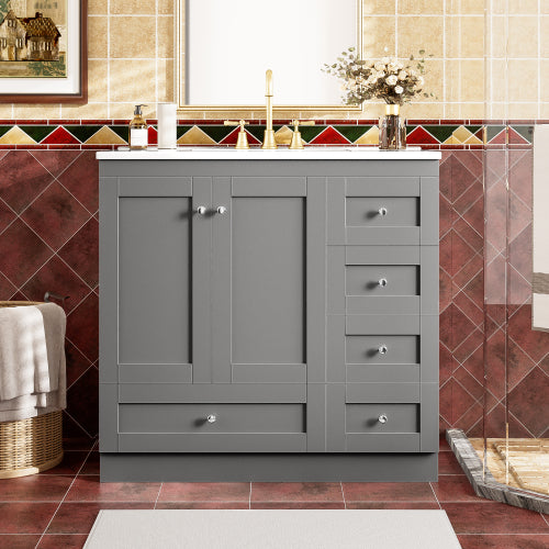 36 inch Shaker Style Free-Standing Bathroom Vanity Cabinet with Ceramic Sink, 4 Soft-close Drawers and 2 Soft-close doors