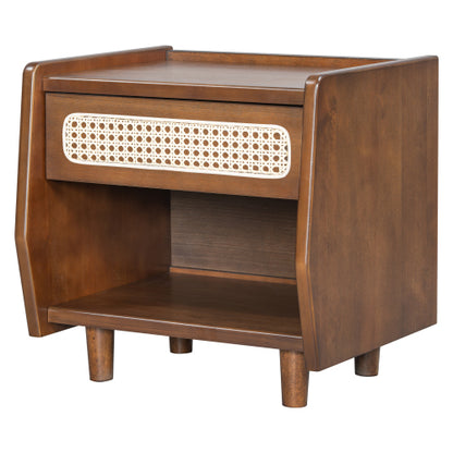 Walnut Nightstand with Rattan Detail, MDF + Solid Wood, Modern Bedroom Storage, Open Shelf & Drawer, Indoor Furniture