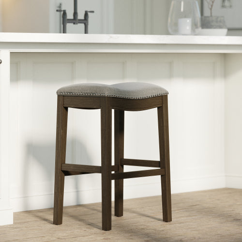 31in. Saddle Distressed Espresso Wood Bar-Height Barstool with Smoke Gray Fabric, 1PC