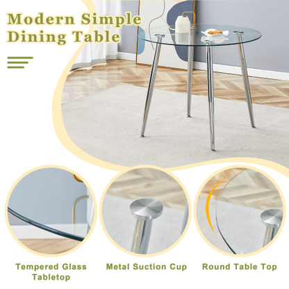 5-Piece Modern Round Glass Dining Set, Transparent Tempered Glass Table & Chairs with Silver Metal Legs