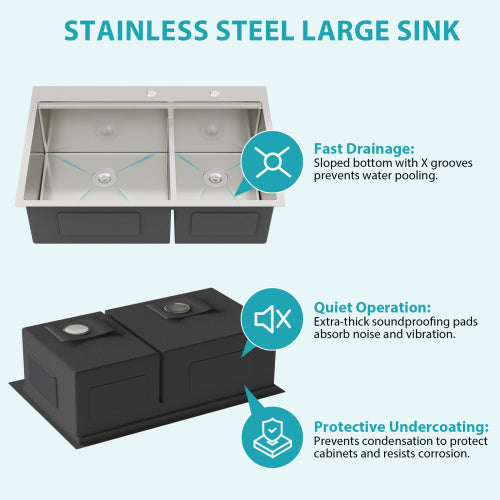 Topmount Drop in Kitchen Sink - 33"x 22" x 10" Double Bowl (60/40) Kitchen Sink 16 Gauge with Two 10" Deep Basin, Brushed Nickel